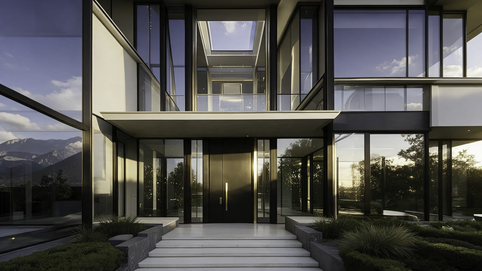 Front entrance of a modern glass house with white stone steps at sunset