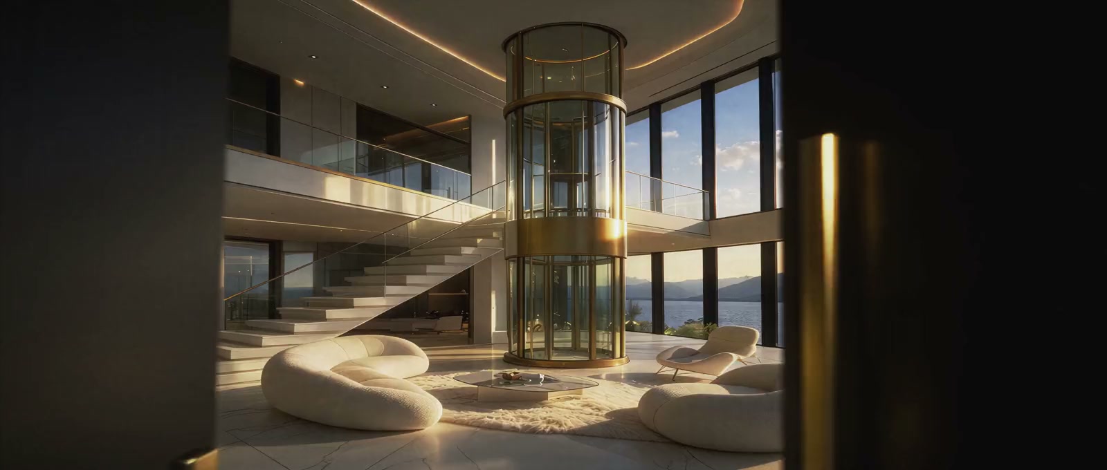 A double-height living room with a glass lift, a floating stair and sun over the lake