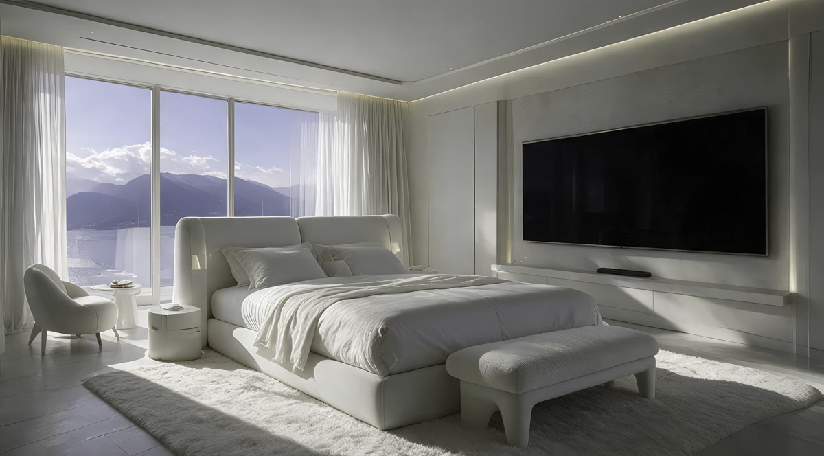 White bedroom with tall windows over a lake and mountains