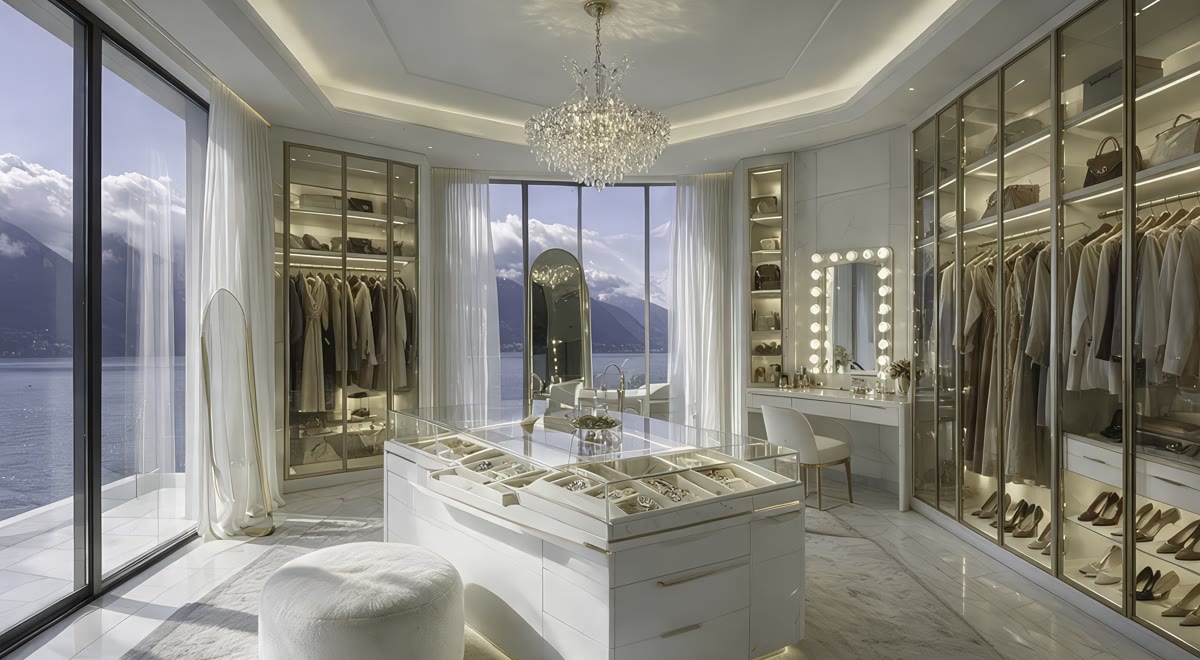 Walk-in dressing room with glass wardrobes and a crystal chandelier