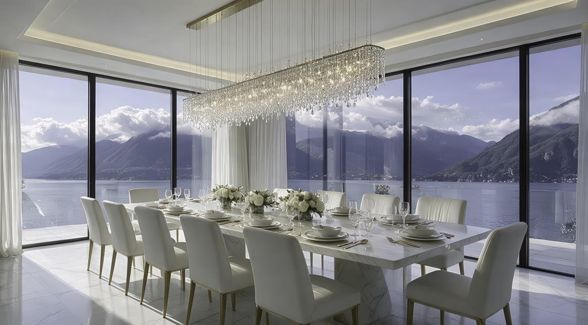 Dining room with a long crystal chandelier and a lake view