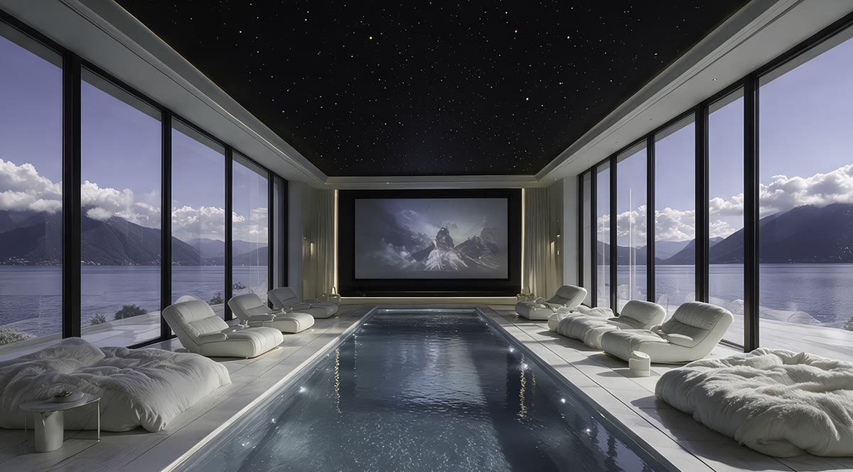 Indoor pool with lounge beds, a cinema screen and a starry ceiling
